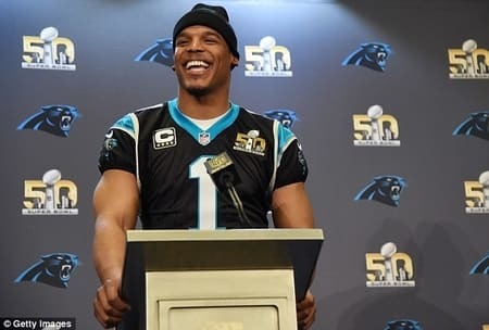 Newton in a press conference after being announced the MVP before Super Bowl Source: dailymail